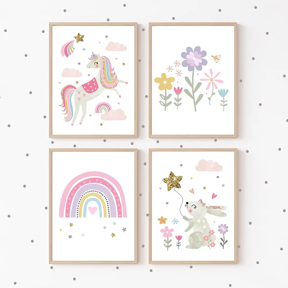 Baby Unicorn Nursery - Toile d'art mural licorne lapin arc-en-ciel