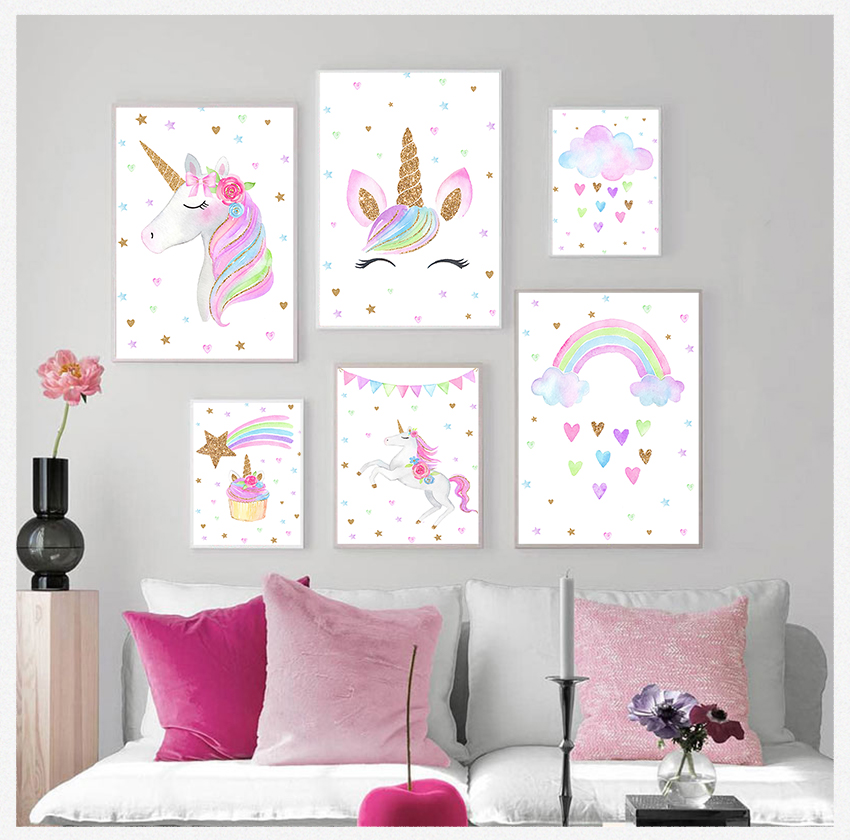 Baby Unicorn Nursery - Tableau Mural Adorable en Toile, Décoration