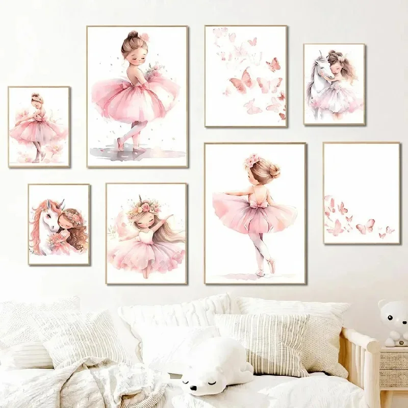 Baby Unicorn Nursery - Affiche de ballerine rose, licorne, papillon,