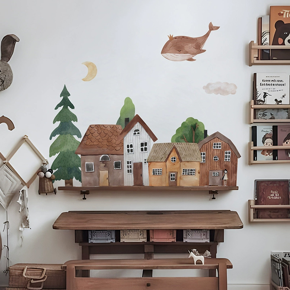 Wall Decal Nursery - Tissu dessin animé forêt Vintage ville